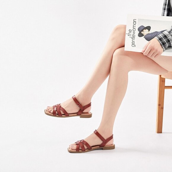 Women's Dark Red Flat Slide Sandals Casual Simple Strappy Slip On Shoes - Picture 5 of 6